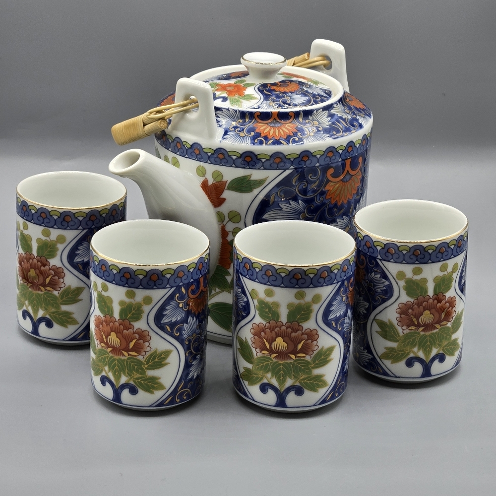 Elegant Floral Tea Set with Blue and Gold Accents, 5 Piece Set